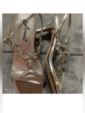 Annie Metallic Silver Jeweled T-Strap Sandals